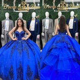 Bal sweetheart jurk blauwe jurken koninklijke prinses pailletten appliques vestido de quinceanera tule sweet 15 maskerade jurk