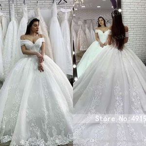 Ball Wedding Princess Dress Off Shoulder Lace Appliques kralen Hof Trein Bruidjurk Vestido de Noiva