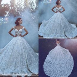 Bal Bruiloft Prinses Jurken Sexy Off-Shoulder Bruidsjurken Kapel Trein Volledige Kant Geappliceerd Robe Mariage