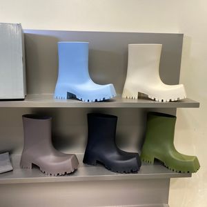 Ballencaigas Teen Vierkant Vrouwen Dikke Mannen Bodem Rubber Trooper Boot 22 22ss Regenlaarzen Platform Regenlaars Band Hoge Hakken Dikke Buitenzool Midden Lange Mode Feestschoenen Wa