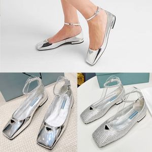 Ballerine in pelle metallizzata sandalen Enkele schoen serie ster online beroemdheid houdt van verfijnd elegante vierkante neus metalen textuur leren ballet platte schoenen