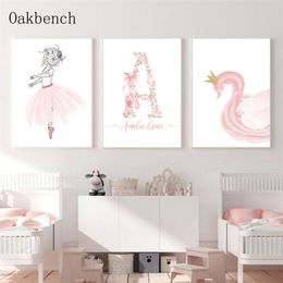 Ballet Art Print aangepaste naam Poster Pink Swan Posters kinderdagverblijf canvas schilderen Noordse muurfoto's Baby Girl Room Decor 220614