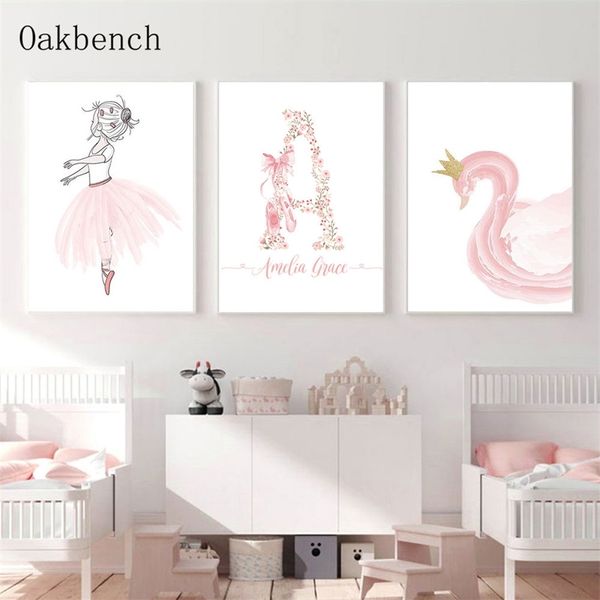Ballet Art imprimer nom personnalisé affiche rose cygne affiches pépinière toile peinture nordique mur photos bébé fille chambre décor 220614