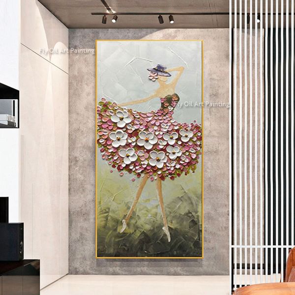 Peinture à l'huile sur toile de danseur de ballet faite à la main, grande toile abstraite, art mural abstrait, fleurs roses, jupe, peinture pour salon, décoration d'intérieur comme meilleur cadeau