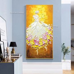 Balletdanser olieverfschilderij op canvas grote muur kunst abstracte hand geschilderd licht gele gestructureerde mensen schilderen voor woonkamer decor cadeau