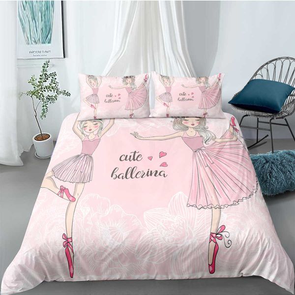 Funda de edredón de bailarina de Ballet, juego de cama de bailarinas pequeñas encantadoras, sábana de edredón rosa 135, cama de princesa, Textiles individuales para el hogar 210615