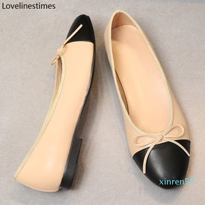 Zapatos planos de Ballet, zapatos clásicos para mujer, tela básica de Tweed de cuero, zapatos de Ballet redondos con lazo de empalme de dos colores, zapatos planos de moda para mujer x1