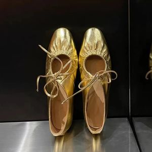 Ballet flats dames lederen schoen vrouwen smalband zilveren flats bling goud ronde teen veerschoenen 240520