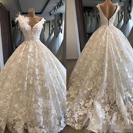 Ballgown Applique Lace Dresses V Neck Straps Backless Feather Sweep Train Custom Made Wedding Gown Vestido De Novia Estido estido