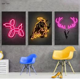 Ballon Chien Taureau Zèbre Tigre Cerf Dinosaure Néon Originalité Affiches Pop Art Animaux Conception Toile Peinture Mur Art Cuadros Home Bar Salon Décor No Frame Wo6