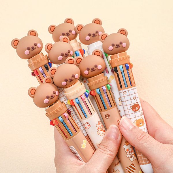 Stylos à bille 10 couleurs stylo à bille dessin animé ours 0.5mm stylos à encre colorée Silicone Kawaii stylos fournitures de bureau scolaire papeterie coréenne 230825