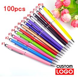 Ballpoint Pens 100 Pennen van elk pack mini metaal 2-in-1 stylus Universal Ballpoint tekst graveren aangepaste kantoorschool advertentiepen 230815