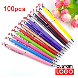 Bolígrafos 100 bolígrafos de cada paquete Mini Metal 2-en-1 Stylus Bolígrafo universal Grabado de texto Bolígrafo de publicidad escolar de oficina personalizado 230629