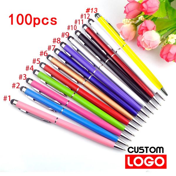 Bolígrafos 100 bolígrafos de cada paquete Mini Metal 2in1 Stylus Universal Pen Grabado de texto Custom Office School Publicidad 230807