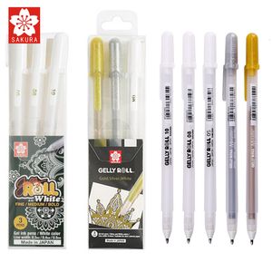 Ballpoint Pens 3pcsLot Japan Sakura Gelly Roll Gel Ink Pen Set Gold White Silver Metallic Sketch Highlight Marker Drawing Art Supplies 230608
