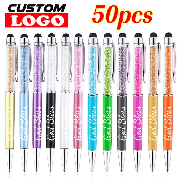 Bolígrafos 50pcsLot Crystal Metal Pen Moda Creative Stylus Touch para escribir Papelería Oficina Escuela Regalo Gratis Personalizado 230704