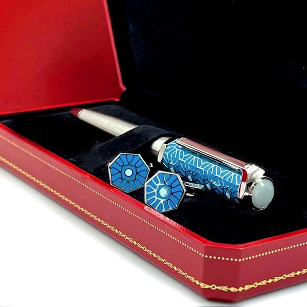 Stylos à bille MSS SantosDumont de CT Heptagon Bleu Motif Décoratif Stylo De Luxe Garniture Argent Avec Numéro De Série Écriture Lisse 230630