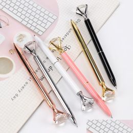 Bolígrafos Venta al por mayor 1pc Big Diamond Crystal Pen Gem Ring Office Metal Roller Ball Black Rose Gold Sier Pink Drop Entrega Escuela DHHEP