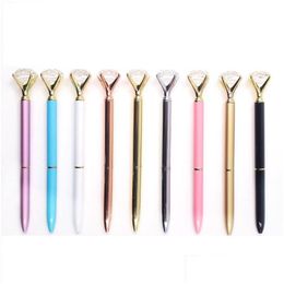 Bolígrafos Venta al por mayor Big Carat Diamond Crystal Pen Gem Ballpoint Ring Boda Oficina Metal Roller Ball Rose Gold Sier Pink Office DHQJB