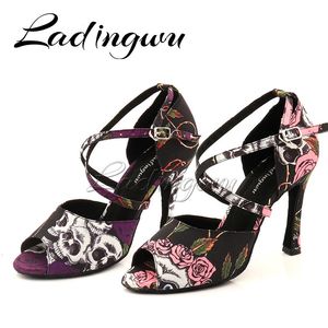 Salon ladingwu Latin Dancing Holloween Shoes for Skull Denim doodle dance talons sandals women ss