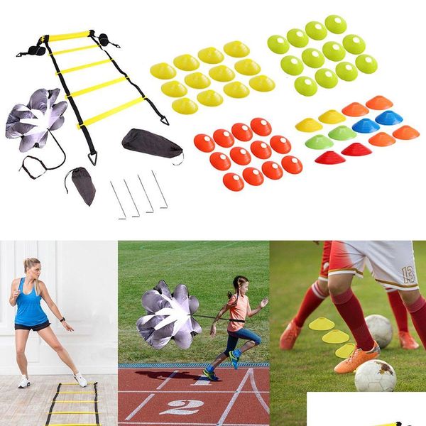 Bolas Juego de pies ajustable Fútbol Fútbol Fitness Velocidad Peldaños Agilidad Escalera Equipo de entrenamiento Kit con resistencia Disco de paracaídas Dr DH7EP