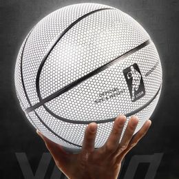 Ballen Holografische reflecterende basketbalbal maat 7 PU Bascket Vrouw Man Sport Lichtgevend Binnen Buiten Professionele trainingsballen 231212