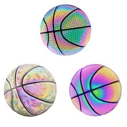 Palline Pallone da basket riflettente olografico Pelle PU Resistente all'usura Gioco notturno colorato Street Glowing Basket con aghi ad aria 231212