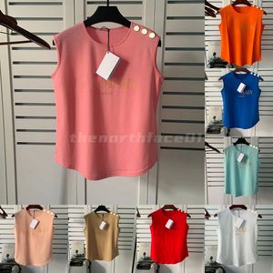 Camisetas para mujer Ropa de mujer famosa Estampado de letras Manga corta con botones dorados Camiseta de cuello redondo de algodón de verano Talla S-L