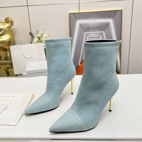 Balmais Denim Topquality Top Qualit Color Jean Botkle Zip Boots pointu à orteil Stiletto Talons en cuir imprimé Sole Femmes Designer de luxe Chelsea Shoes Foot Footaa