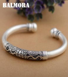 Balmora 990 Pure Silver Lotus Flower Fish Open armbanden voor vrouwen Moeder Gift Ongeveer 18 cm retro armband sieraden Pulsera SZ03061150933