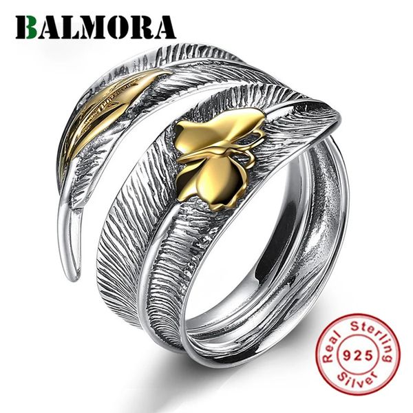 BALMORA réel 925 en argent Sterling libellule plume feuille rétro bagues pour les femmes fête Boho Punk mode déclaration bijoux 240220