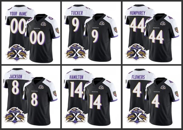 Baltimore''Ravens''Men 9 Justin Tucker 4 Zay Flowers 8 Lamar Jackson 14 Kyle Hamilton Femmes Jeunes Personnalisé Noir / Blanc F.U.S.E avec Patch Throwback Limited Jersey