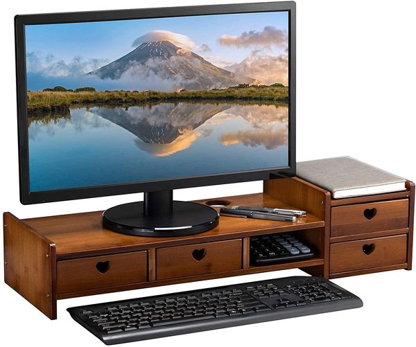 Support de moniteur à 2 niveaux en bambou avec 3 tiroirs de rangement, étagère rétro OfficeHome pour ordinateur portable, ordinateur de bureau, téléphone portable, imprimante, marron antique