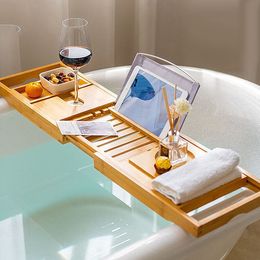 Bambou baignoire plateau caddy plateau réglable de baignoire en bois organisateur de baignoire en tasse à vin socon de savon livre espace de téléphone à l'espace de téléphone pour douche