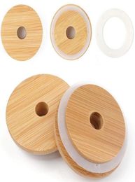 Tapa de tapa de tapa de bambú Masón Capas de bambú reutilizables con agujero de paja y sello de silicona para masones que beben frascos top5000393