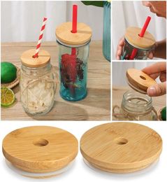 Tapa de tapa de tapa de bambú Tapa de jarra de albañil reutilizable 70 mm 86 mm con agujero de paja y sellado de silicona para beber frascos bebidas botella de 1946640