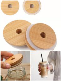 Bamboo Cap Lids 70mm 88mm Reusable Wooden Mason Jar Lid with Straw Hole and Silicone Seal RRE14922