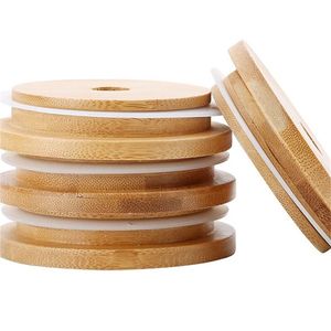 Tapas de tapa de bambú Tapas de tarro de albañil de bambú reutilizables con orificio para paja y sello de silicona 4597 Q2