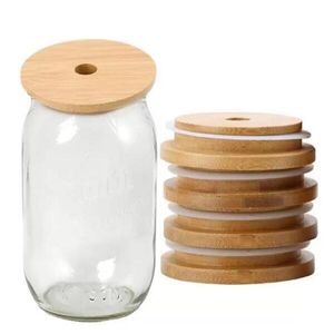 Couvercles en bambou Couvercles en bois réutilisables Mason Jar Couvercle avec trou de paille et joint en silicone DHL Livraison gratuite