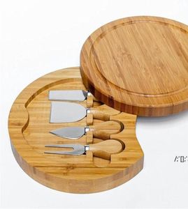 Bamboo Cheese Board and Knife Set Round Charcuterie Boards Pilte de viande pivotante Plat de vacances Gift Gift Tools Kitchen DWD11730047