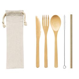 Juego de cubiertos de bambú, cuchillo, tenedor, cuchara, kit de viaje, desechable, 100% degradable, respetuoso con el medio ambiente, reutilizable para picnic