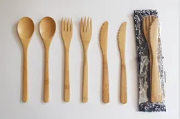 Bamboe bestek Set Spoon Fork Knife Mesgerei Set met stoffen tas Eco-vriendelijk draagbaar draagbaar gebruiksvoorstel