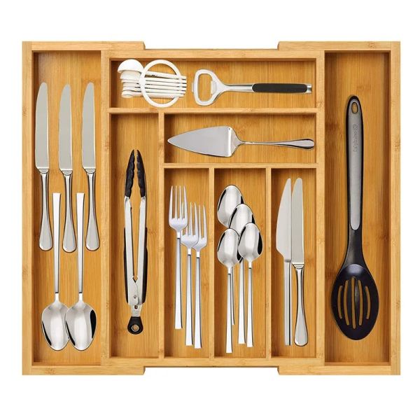 Organizador de cocina de cajón expandible de bambú para cucharadas de bifurcaciones de cuchillos Utensilios Utensilios Divisor de bandeja de cubiertos ajustable Divisor