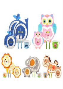 Bamboevezel kinderen039s servies creatieve cartoon kom verdeelbord lepel vork kop vijfdelige set cadeauservies9820173