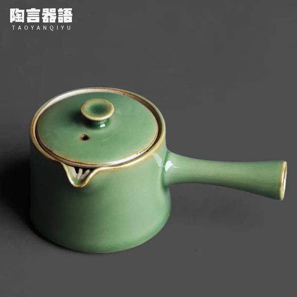 Théière à poignée latérale en bambou vert céladon, faite à la main en céramique antique, kungfu cérémonie du thé, théière à large bouche, cafetière 240122