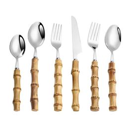 Bamboe handgreep Flatare Set roestvrijstalen dinermessen vork Dessert lepel bestek sets SN4685