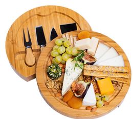 Bamboe keukengereedschap kaasbord en messen set round charcuterie boards zwenk vleesschotel vakantie huiswarming cadeau groothandel sn5061