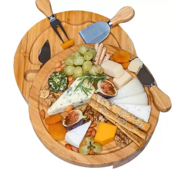 Outils de cuisine en bambou Planche à fromage et ensemble de couteaux Planches de charcuterie rondes Plateau de viande pivotant Cadeaux de pendaison de crémaillère de vacances en gros FY2966