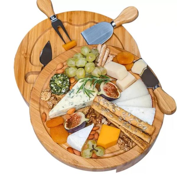 Utensilios de cocina de bambú, tabla de queso y juego de cuchillos, tablas redondas para embutidos, plato giratorio para carne, regalo de inauguración de la casa de vacaciones FY2966