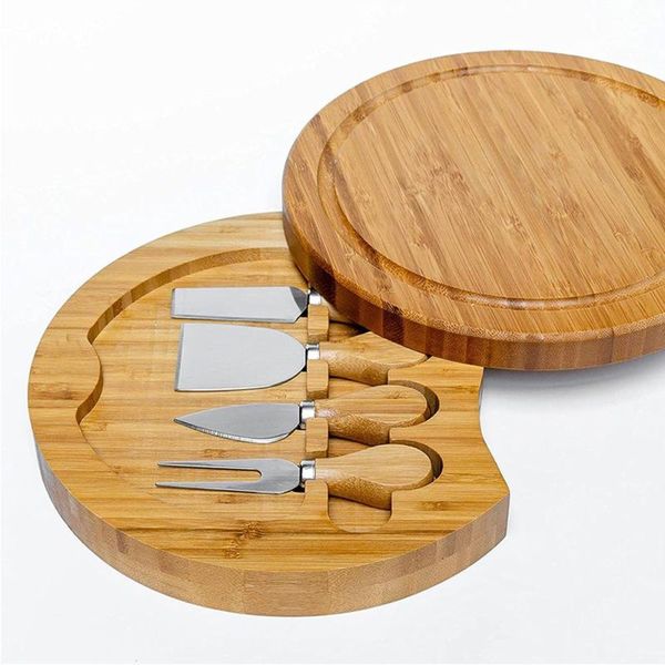 Herramientas de cocina de bambú Tabla de queso y juego de cuchillos Tablas de charcutería redondas Plato de carne giratorio Regalo de inauguración de la casa RRA709